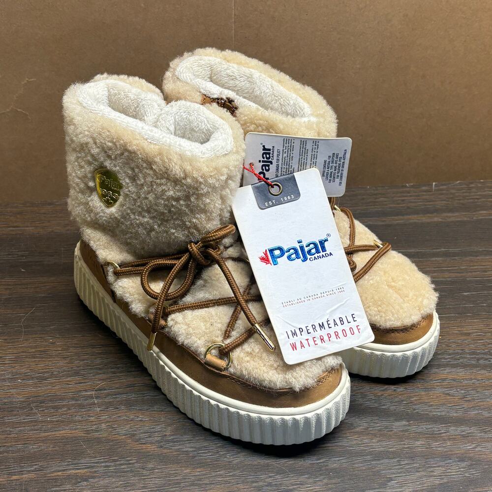 Pajar Canada Ceria Shearling Boots 5-5.5 Womens Cream Waterproof Sheepskin Fur